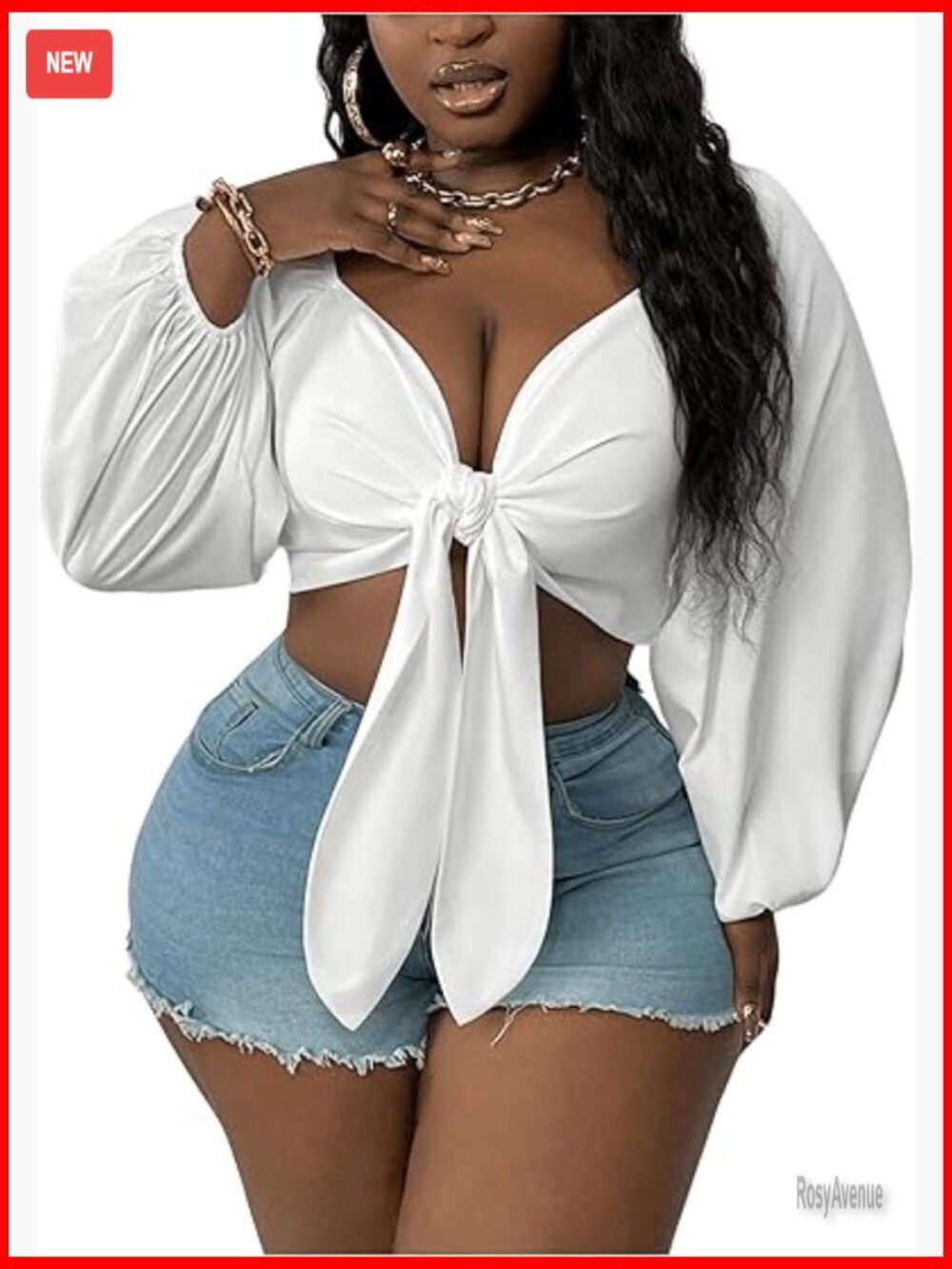 Plus Size Deep V Neck Tie Front Long Sleeve Crop Top Blouse